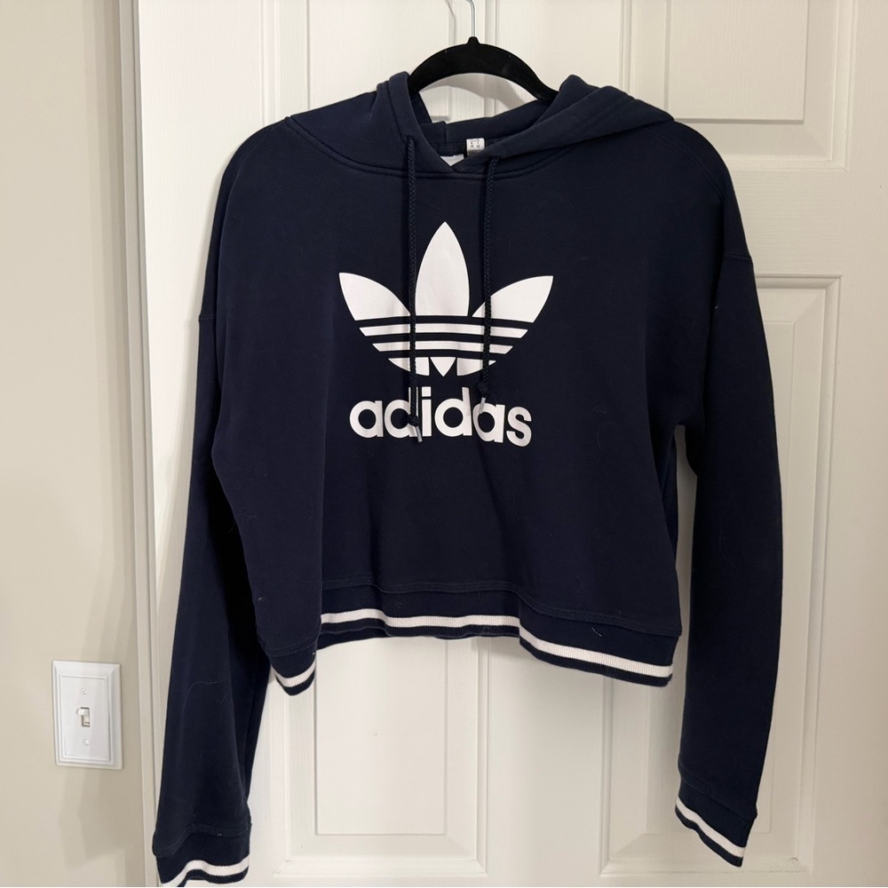 adidas Navy Cropped Trefoil Hoodie with White Logo